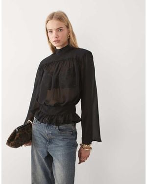 ASOS Frill Hem Gathered Blouse With Shoulder Pads - Black