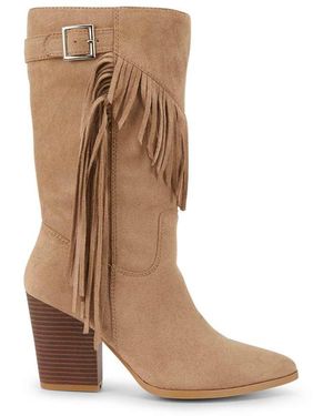 SEQWL Wide Fit Western Cowboy Calf Boots Block Heel With Side Tassel Detail - Brown