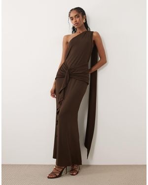 Pretty Lavish Celina Slinky One Shoulder Drape Detail Ruffle Trim Maxi Dress - Brown