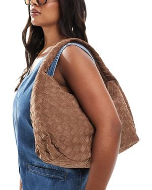 Glamorous Woven Oversized Faux Suede Shoulder Bag - Brown