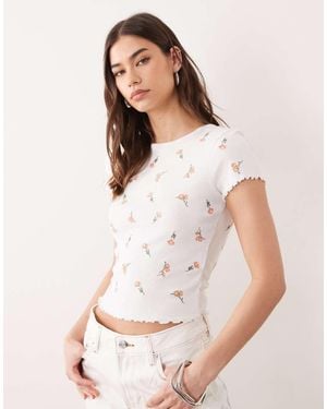 Miss Selfridge Embroidered Short Sleeve Ribbed Lettuce Edge T-Shirt - White