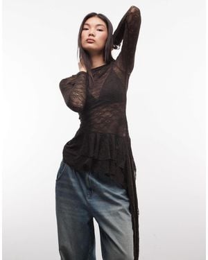 Monki Lace Long Sleeve Asymmetric Ruffle Top - Brown