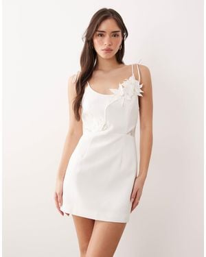JW PEI Square Neck 3D Floral Applique Detail Tie Shoulder Lace Panel Mini Dress - White