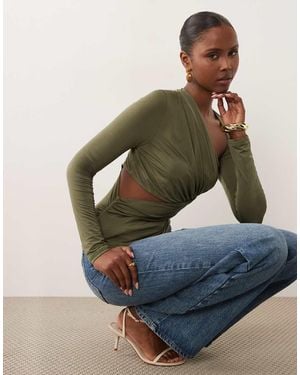 ASOS Asymmetric Ruched Long Sleeve Top With Cut Out - Green