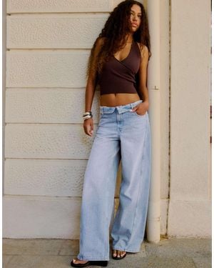 Bershka Barrel Jeans With Folded Waist - Blue