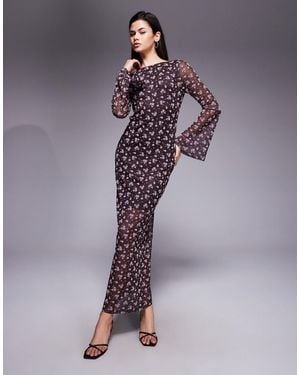 ASOS Flocked Floral Maxi Dress With Flute Sleeve - Purple