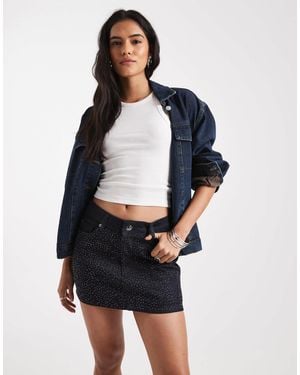 ONLY All Over Rhinestone Low Rise Denim Mini Skirt - Blue