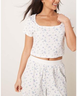 ASOS Camiseta De Pijama Entallada Con Azules Y Ribete De Puntilla Mix & Match De -Blanco
