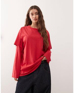 Monki Oversized Long Sleeve Laye T-shirt - Red