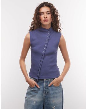 Weekday Asymmetric Button Down Mock Neck Top - Blue