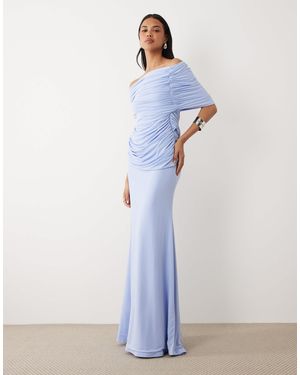 ASOS Off Shoulder Wrap Bodice Detail Maxi Dress With Train - Blue