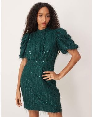 Y.A.S Fluffy Textured Sequin Mini Dress - Green