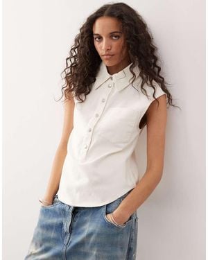 Monki Cap Sleeve Slim Shirt With Curved Hem Detail - White