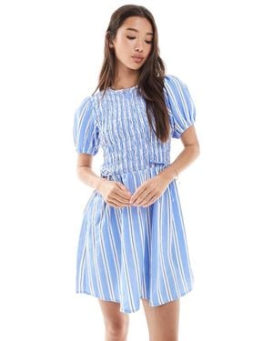 New Look Stripe Shirred Mini Dress - Blue
