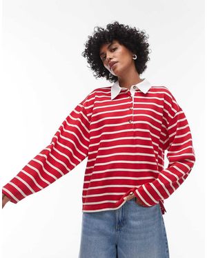 TOPSHOP Polo A Rayas De Manga Larga Y Estilo Rugby De Punto Liso De - Rojo