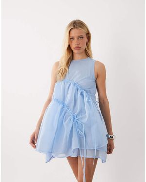 Ghospell Indie Mesh Overlay Sleeveless Drawstring Detail Mini Dress - Blue