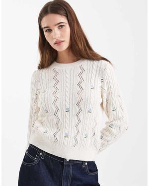 ONLY Flower Embroidery Knitted Jumper - White