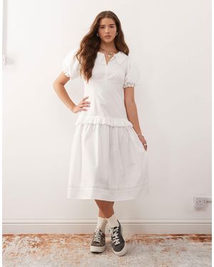 Collusion Broderie Collar Pintuck Midi Dress - Pink