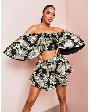 ASOS – oberteil mit dreifachem rüschenbesatz und jacquard-muster - Schwarz