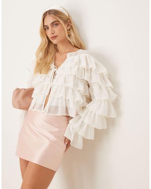 Gina Tricot Long Sleeve Cropped Flounce Ruffle Blouse With Tie Front - Natural