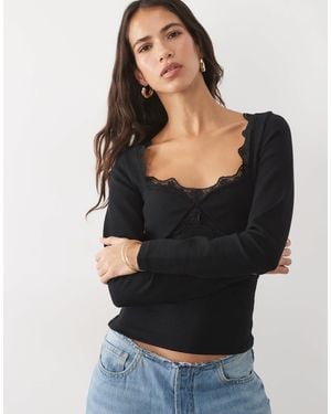 ASOS Compact Cotton Sculpting Square Neck Top With Lace Trim - Black