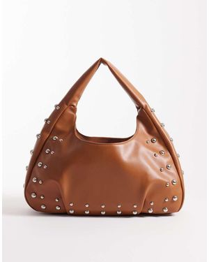 Pieces Bolso De Hombro Marrón Flexible Con Tachuelas Doradas De