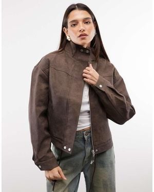 Liquor N Poker Boxy Textured Faux Leather Funnel Neck Jacket - Brown