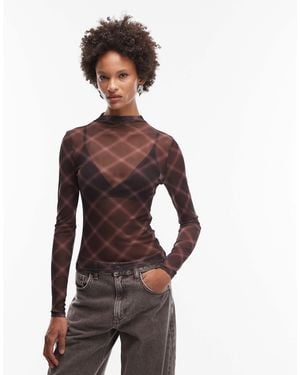 ASOS Sheer Mesh Funnel Neck Long Sleeve Top - Brown