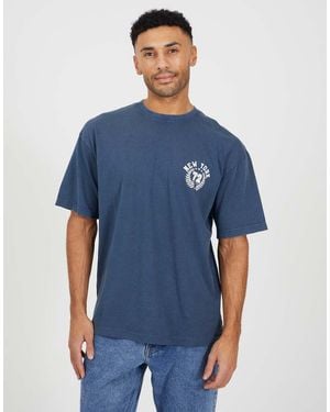 Brave Soul Cotton Acid Wash Crew Neck Graphic T-Shirt - Blue