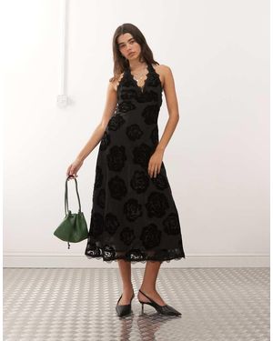 Lioness Stars Align Halterneck Lace Trim Open Back Devore Dress - Black