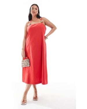 Renee Studio Plus Exclusive Linen Look Halterneck Seashell Hardware Detail Strappy Midi Dress - Red