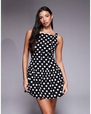Kaiia Exclusive High Square Neck Button Front Gathered Skirt Mini Dress - White