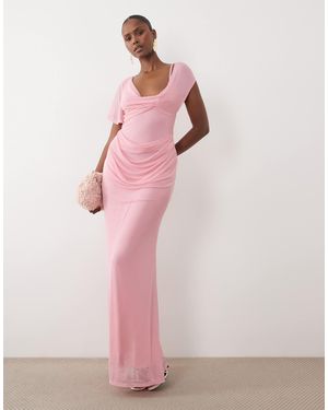ASOS Mesh Draped Asymmetric Sleeve Maxi Dress - Pink