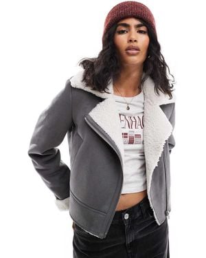 Stradivarius Borg Lined Avaitor Jacket - Grey