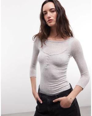 Weekday Three Quarter Length Sleeve Henley Top With Layered Effect - Grey