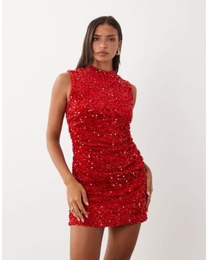 Vila High Neck Sleeveless Velour Sequin Mini Dress With Ruching - Red