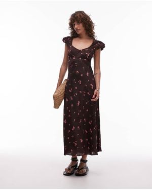 Mango Scoop Neck Floral Midi Dress - Brown
