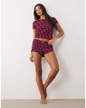 Boux Avenue Conjunto Burdeos De Camiseta Y Pantalones Cortos Con Estampado De Lazos De Canalé-Rojo