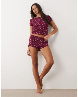 Boux Avenue Set Met Korte Broek En T-Shirt Met Strikprint En Ribstructuur - Rood