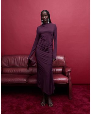 & Other Stories High Neck Long Sleeve Soft Twisted Midi Dress - Red