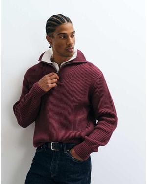 SELECTED 100% Cotton High Neck 1/4 Zip Knitted Jumper - Red