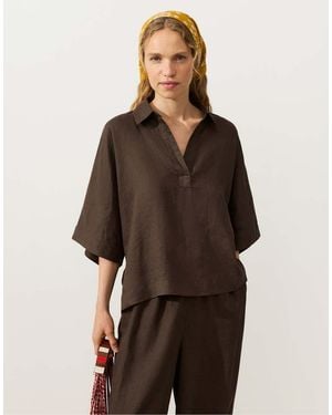 Oysho Oversize Short-sleeve 100% Linen Polo Shirt - Brown