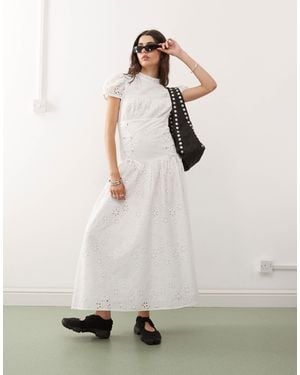Collusion Lace Up Side Broderie Midaxi Dress - White