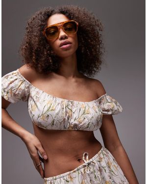 emory park Floral Print Ruched Bandeau Crop Top - Brown