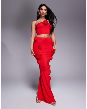 Wanderdoll Posie Slinky Corsage Detail Maxi Skirt Co-ord - Red