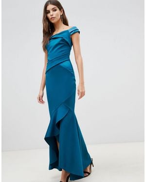 Lipsy Bardot Satin Maxi Dress With Asymmetric Hem - Green