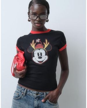 ASOS Disney T-Shirt Baby Con Bordi A Contrasto E Stampa Minnie Renna Effetto Consumato Nera - Grigio