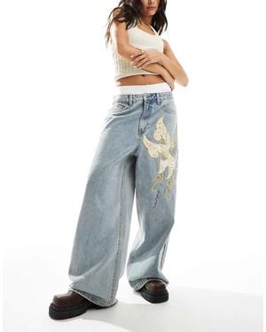 Ed Hardy Antique Denim Baggy Jeans With Diamante Butterfly - Blue