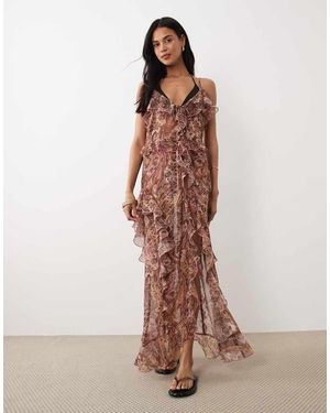 Miss Selfridge Maxi Strandjurk Met Camibandjes, Ruches En Paisley Motief - Bruin