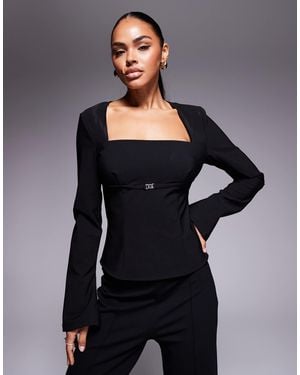 Princess Polly Flounce Square Neck Flare Sleeve Metal Buckle Detail Top - Black